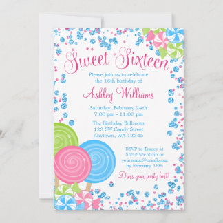 Blue Imitats Glitzer Candy Thema Sweet 16 Einladung