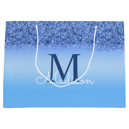 Blue Imitats Glitzer Monogram Elegant Große Geschenktüte (Vorderseite)