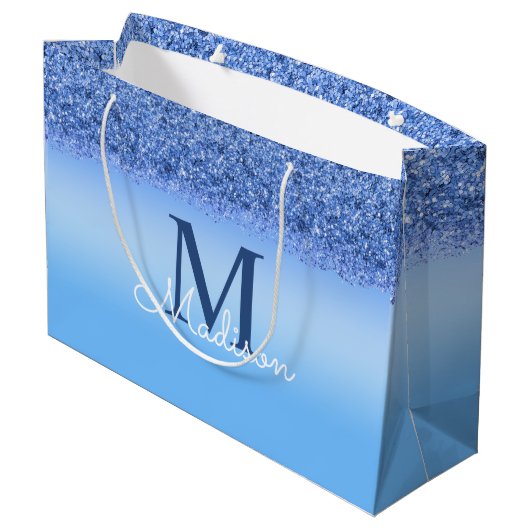 Blue Imitats Glitzer Monogram Elegant Große Geschenktüte (Rückseite Schrägansicht)