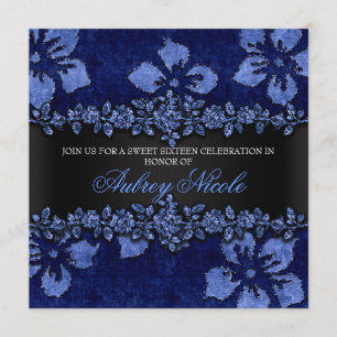 Blue Imitats Glitzer & Velvet Floral 16 . Geburtst Einladung