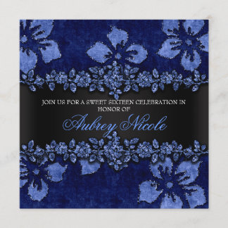 Blue Imitats Glitzer & Velvet Floral 16 . Geburtst Einladung