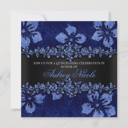 Blue Imitats Glitzer & Velvet Floral Quinceanera Einladung (Vorderseite)