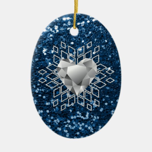 Blue Imitats Glitzern Diamond Herzenssnowflake Keramikornament (Vorne)