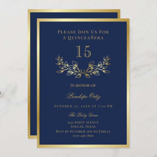 Blue Imitats Gold Wreath Quinceañera Einladung (Vorne/Hinten)
