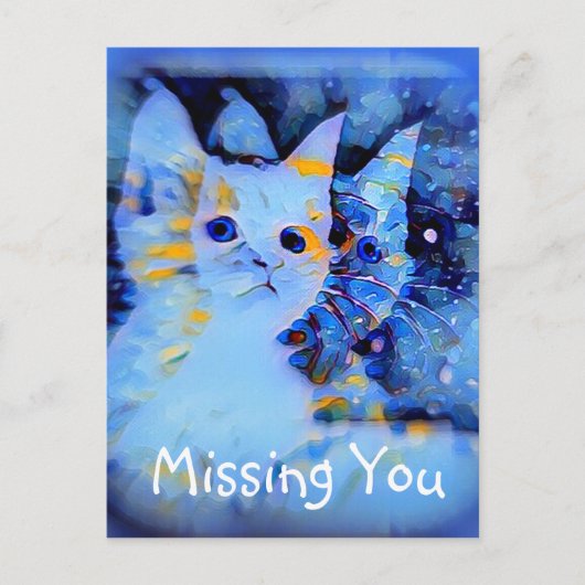 Blue Impressionist Style Kitten Art Vermisst Postkarte (Vorderseite)
