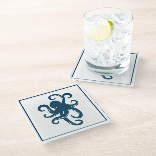 Blue In White Octopus Abbildung Glasuntersetzer (Schrägansicht)