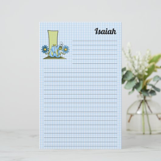 Blue Inch Worm Mongram Letter I Gingham Lined Briefpapier (Stehend Vorderseite)