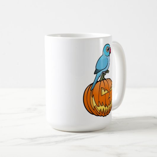 Blue Indian Ringneck on Pumpkin Halloween Kaffeetasse (VorderseiteRechts)