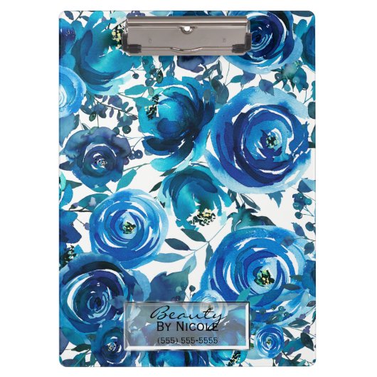 Blue Indigo Floral Blume Elegant Personalisiert Klemmbrett (Vorderseite)
