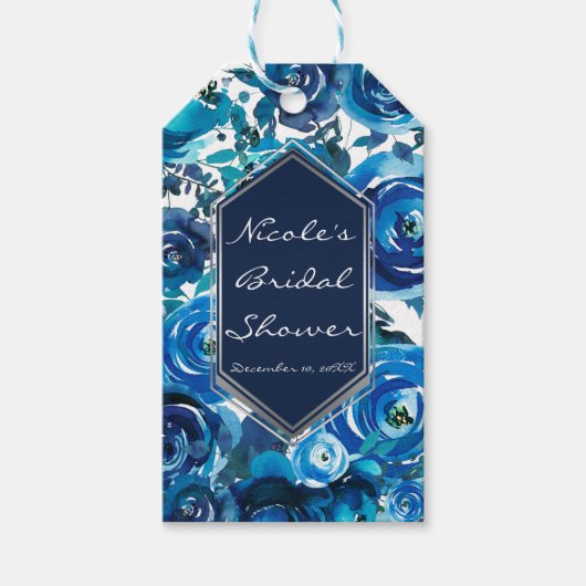 Blue Indigo Floral Blume Elegante schicke Hochzeit Geschenkanhänger (Vorderseite)