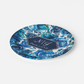 Blue Indigo Floral Blume Elegante schicke Hochzeit Pappteller (Schrägansicht)