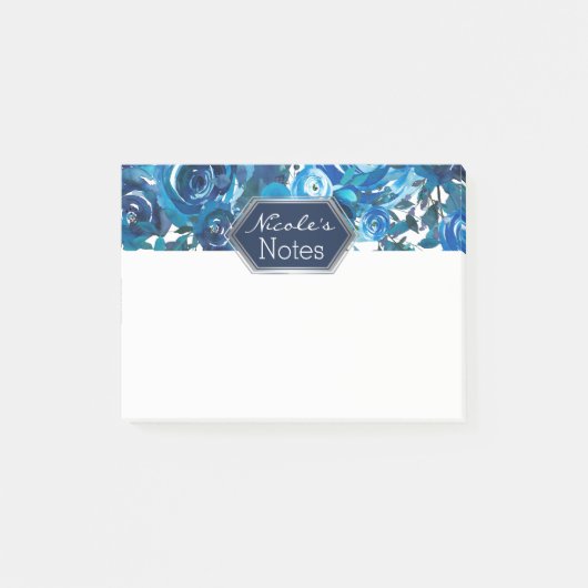 Blue Indigo Floral Blume Elegante schicke Hochzeit Post-it Klebezettel (Vorderseite)