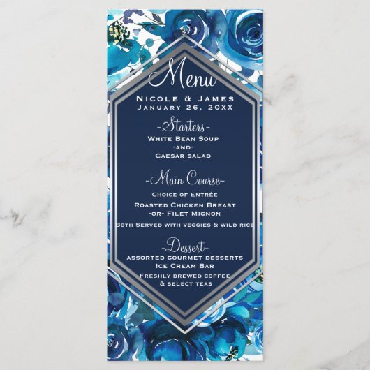 Blue Indigo Floral Blume Hochzeitsmenü Menükarte (Vorderseite)