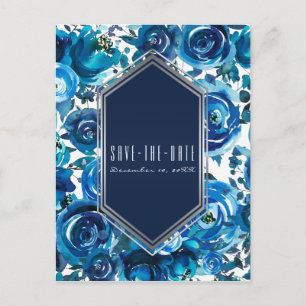 Blue Indigo Floral Blume Hochzeitssache Datum spei Ankündigungspostkarte