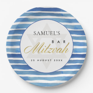 BLUE INDIGO WATERCOLOR STRIPEN BAR BAT MITZVAH PAPPTELLER