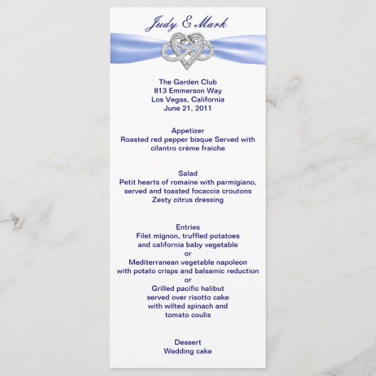 Blue Infinity Heart Wedding Menu Card Menükarte (Vorderseite)