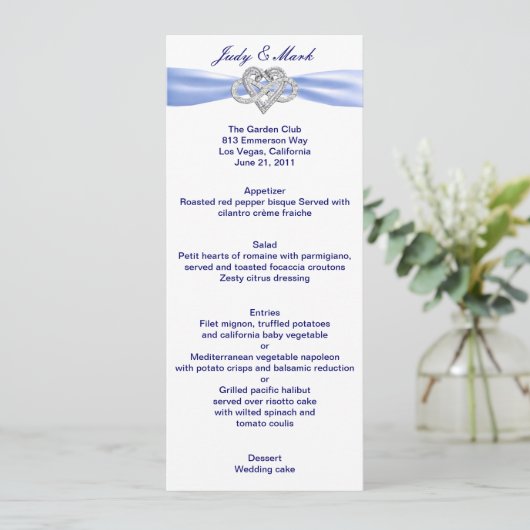 Blue Infinity Heart Wedding Menu Card Menükarte (Stehend Vorderseite)