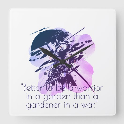 Blue Ink Samurai Warrior & Custom Quote Wall Clock Quadratische Wanduhr (Vorderseite)