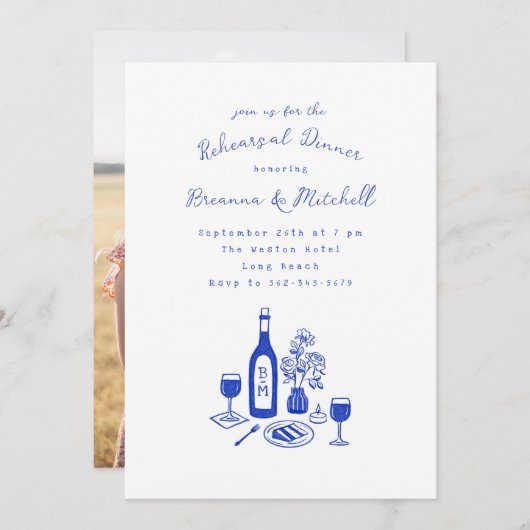 Blue Ink Whimsical Hand Drawing Probe Dinner Einladung (Vorne/Hinten)