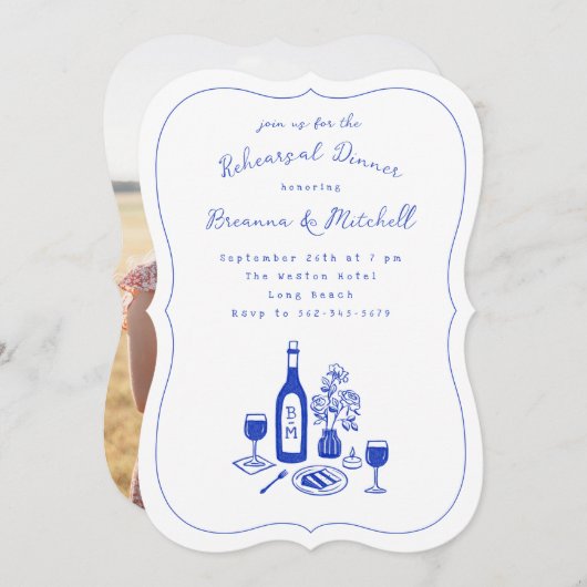 Blue Ink Whimsical Hand Drawing Probe Dinner Einladung (Vorne/Hinten)