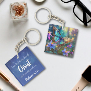 Blue Inspirational Philippians 4:13 Verse Floral Schlüsselanhänger