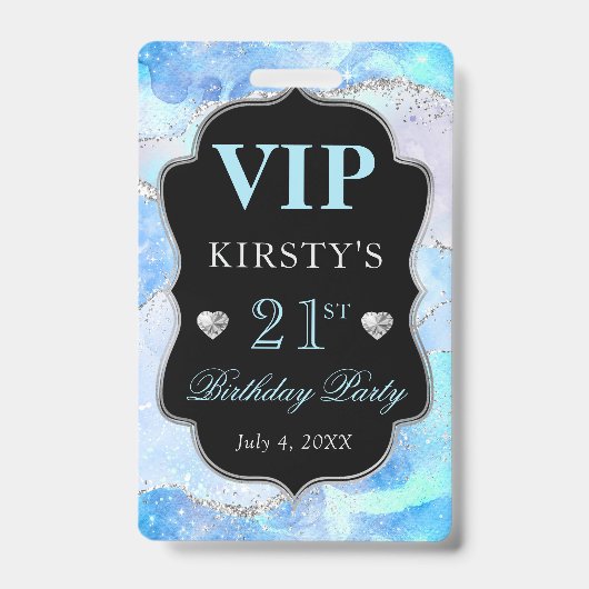 Blue Iridescent Silver Glitzer Agate Birthday VIP Ausweis (Vorderseite)