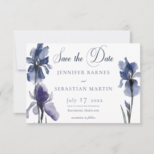 Blue Iris Blume Moderne Hochzeit Save The Date (Vorderseite)