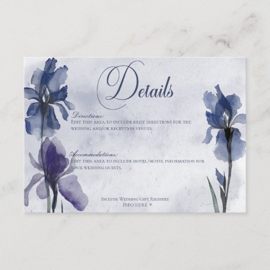 Blue Iris Blume Modernes Blue Wedding Details Begleitkarte (Vorderseite)