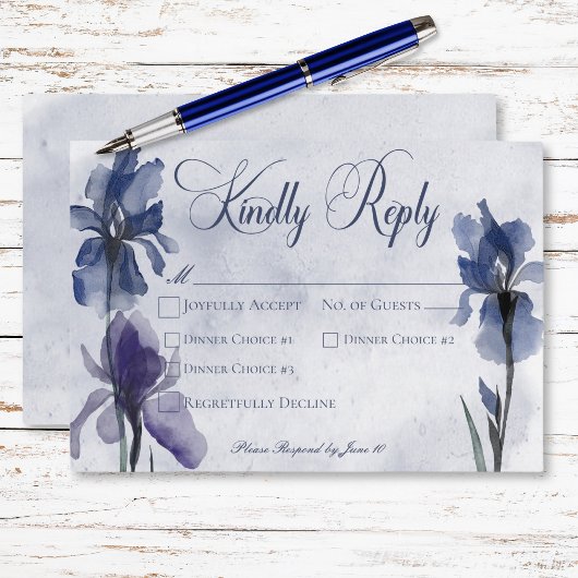 Blue Iris Blume Modernes Blue Wedning Dinner RSVP Karte