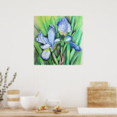 Blue Iris Blume Originale Kunst Zeichnend Blumenst Poster (Küche)