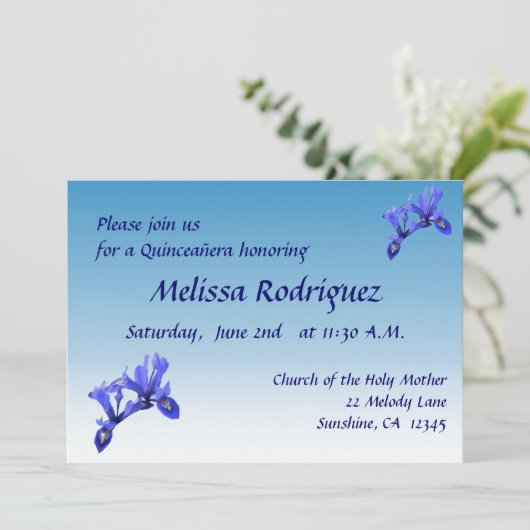 Blue Iris Blume Quinceañera Einladung (Stehend Vorderseite)