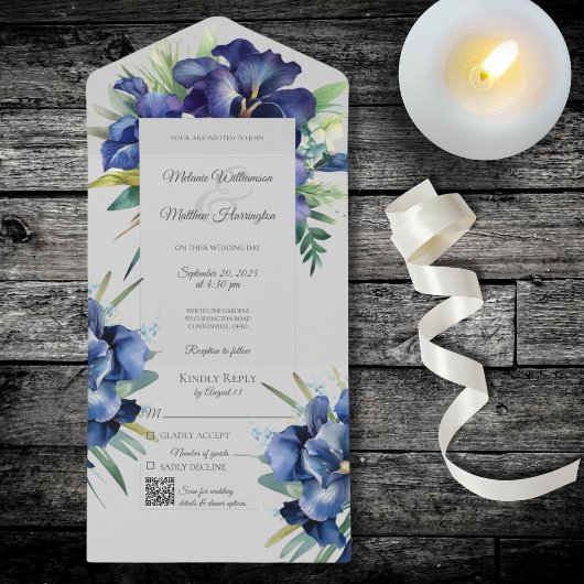 Blue Iris Bouquets auf Grau mit QR-Code All In One Einladung
