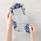 Blue Iris Bouquets auf Grau mit QR-Code All In One Einladung (Abreißen)