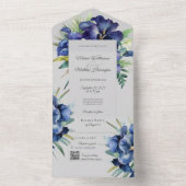 Blue Iris Bouquets auf Grau mit QR-Code All In One Einladung (Innen Boden)