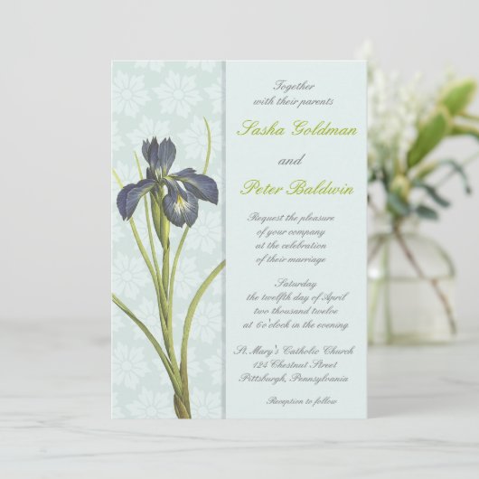 Blue Iris Floral Wedding Einladung (Stehend Vorderseite)