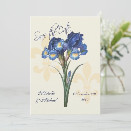 Blue Iris Lilie Save the Date (Stehend Vorderseite)