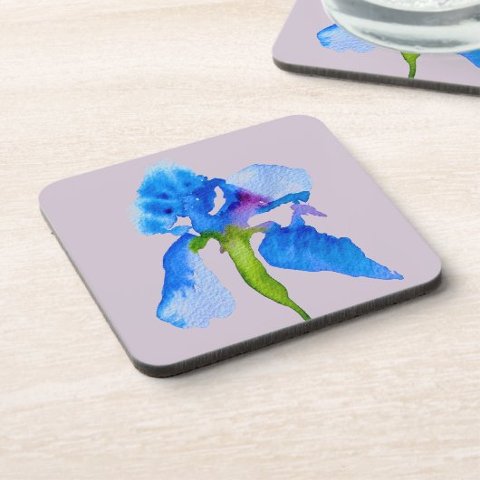 Blue Iris moderne Aquarellkunst Getränkeuntersetzer (Linke Seite)