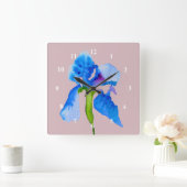 Blue Iris moderne Aquarellkunst Quadratische Wanduhr (Zuhause)