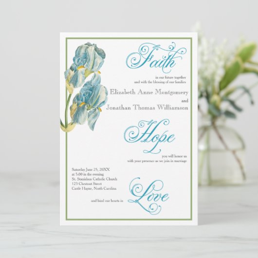 Blue Iris Script Christliche Hochzeitseinladung Einladung (Stehend Vorderseite)