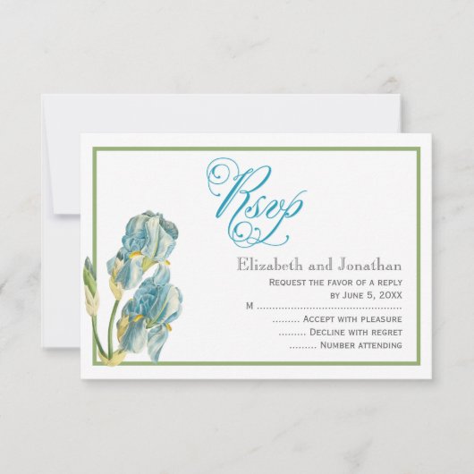 Blue Iris Script Wedding Repcard Einladung (Vorderseite)
