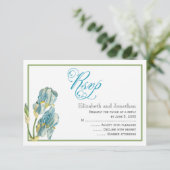 Blue Iris Script Wedding Repcard Einladung (Stehend Vorderseite)