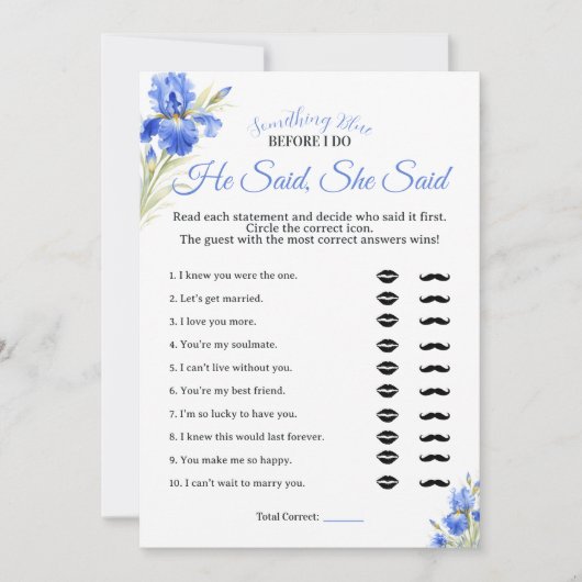 Blue Iris Something Blue He Said She Said Game Einladung (Vorderseite)