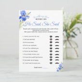 Blue Iris Something Blue He Said She Said Game Einladung (Stehend Vorderseite)