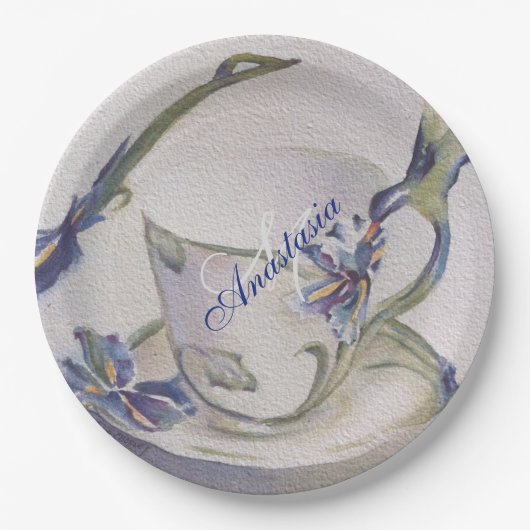 BLUE IRIS TEACUP MONOGRAMM PARTY PAPPTELLER (Vorderseite)