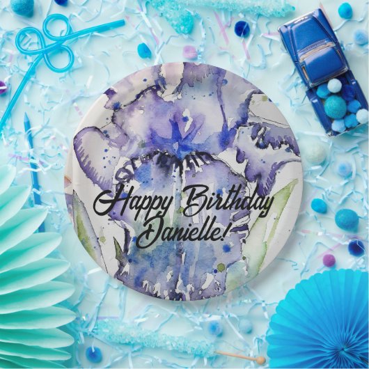 Blue Iris Watercolor Happy Birthday Balloon Pappteller (Party)