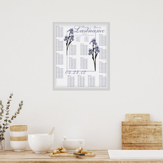 Blue Iris Wedding Guest Seating Chart Poster (Küche)