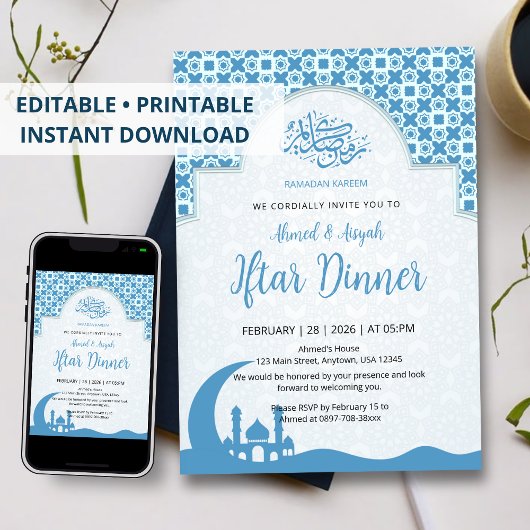 Blue Islamic Pattern Iftar Dinner Invitation Einladung