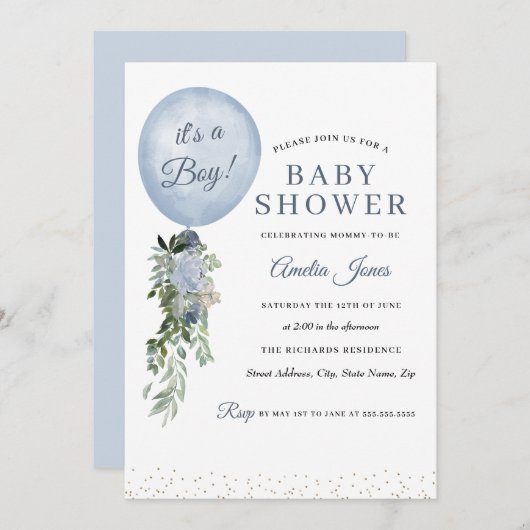 Blue It is a Boy Balloon Baby Shower Einladung (Vorne/Hinten)