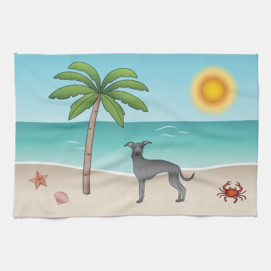 Blue Italian Greyhound im Tropical Summer Beach Geschirrtuch (Horizontal)