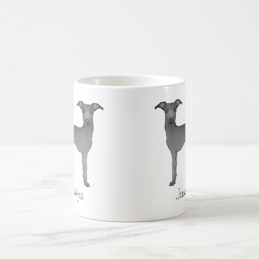 Blue Italian Greyhound Niedlicher Cartoon Hund mit Kaffeetasse (Mittel)